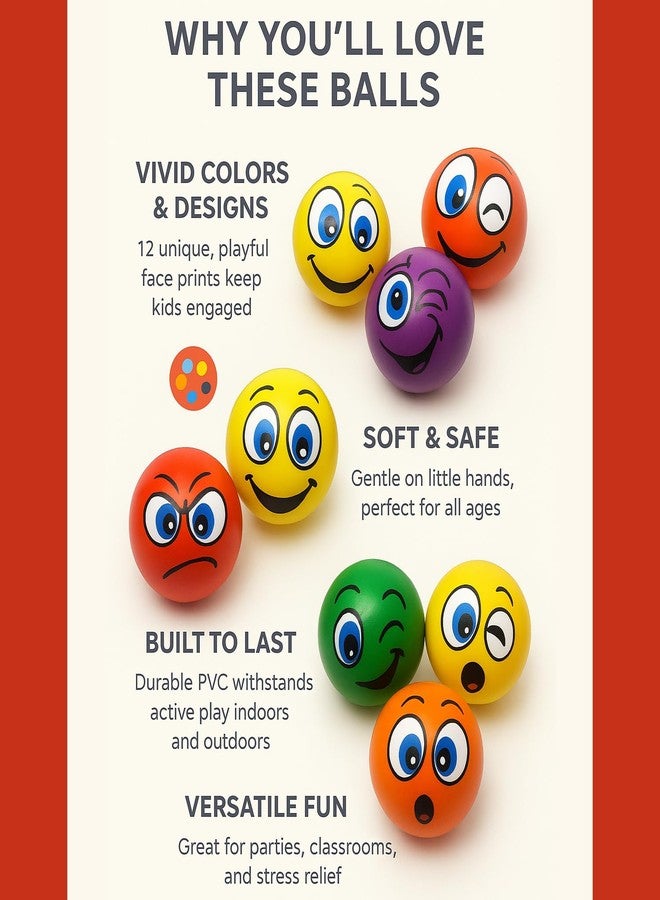Asera 12 Pcs Multi Colored Printed Face Expression Soft Sponge Balls for Kids -Stress Relief Fun Indoor Outdoor Play Birthday Return Gift - Image 2